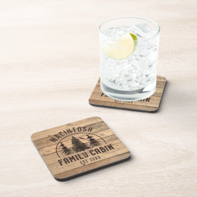 Family Name Cabin Rustic Wood Personalized Beverage Coaster (Right Side)