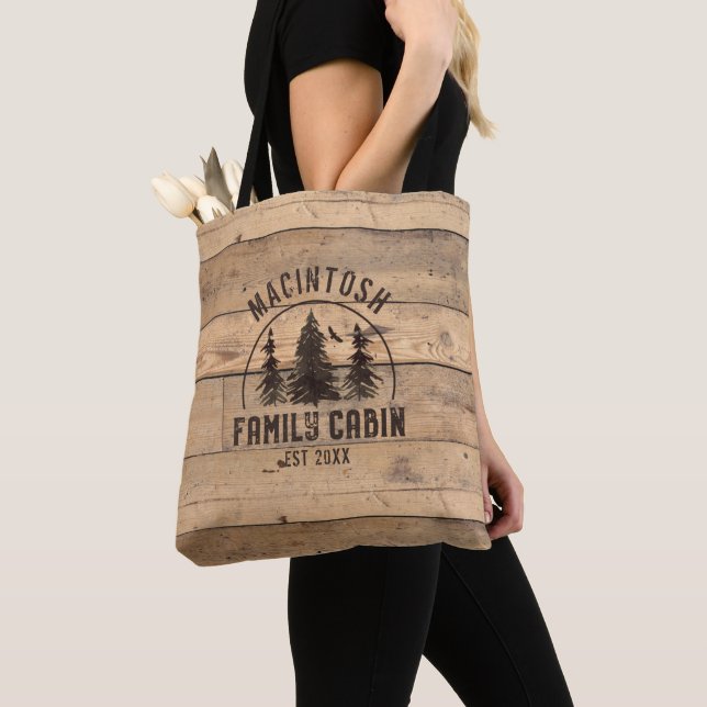 Family Name Cabin Rustic Wood Personalized Tote Bag (Close Up)
