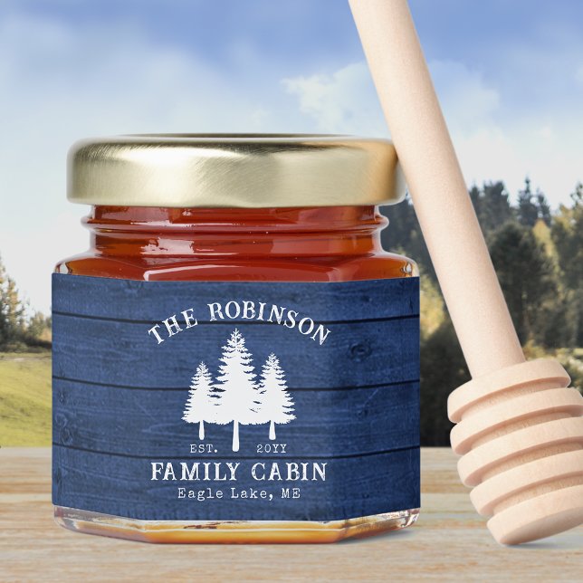 Family Name Cabin Trees Blue Wood Plank Print Honey Jar Favors (Creator Uploaded)