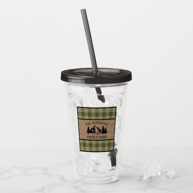 Family Name Cabin Trees Sage Green Plaid Burlap Acrylic Tumbler (Front Ice)