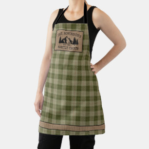 Family Name Cabin Trees Sage Green Plaid Burlap Apron