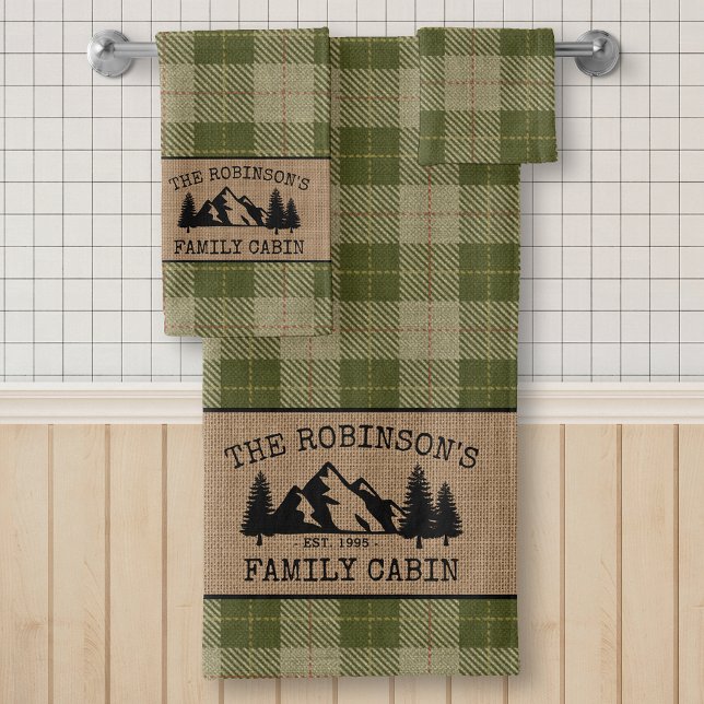 Family Name Cabin Trees Sage Green Plaid Burlap Bath Towel Set (Creator Uploaded)