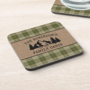 Family Name Cabin Trees Sage Green Plaid Burlap Beverage Coaster