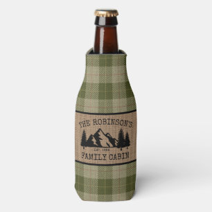 Family Name Cabin Trees Sage Green Plaid Burlap Bottle Cooler