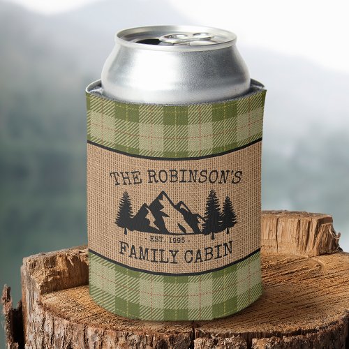 Family Name Cabin Trees Sage Green Plaid Burlap Can Cooler