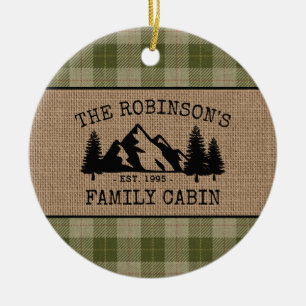 Family Name Cabin Trees Sage Green Plaid Burlap Ceramic Ornament