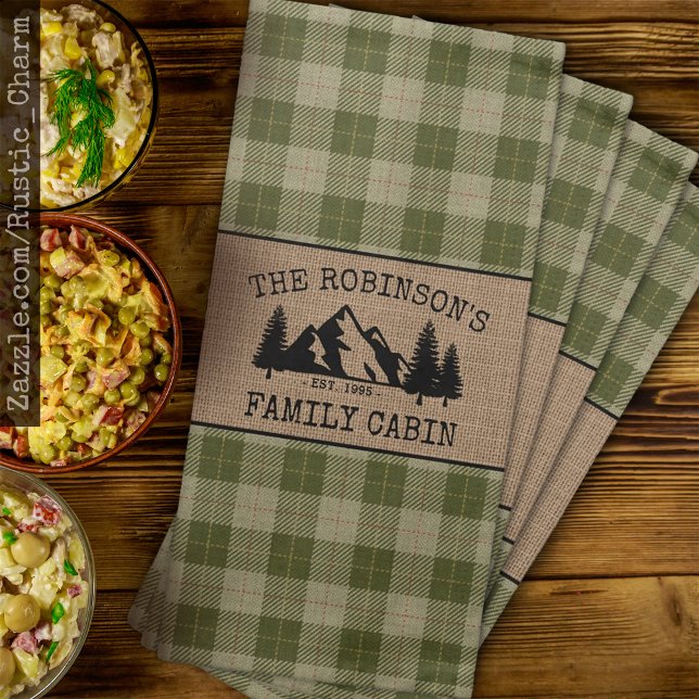 Family Name Cabin Trees Sage Green Plaid Burlap Cloth Napkin (Several types and sizes to choose from.)