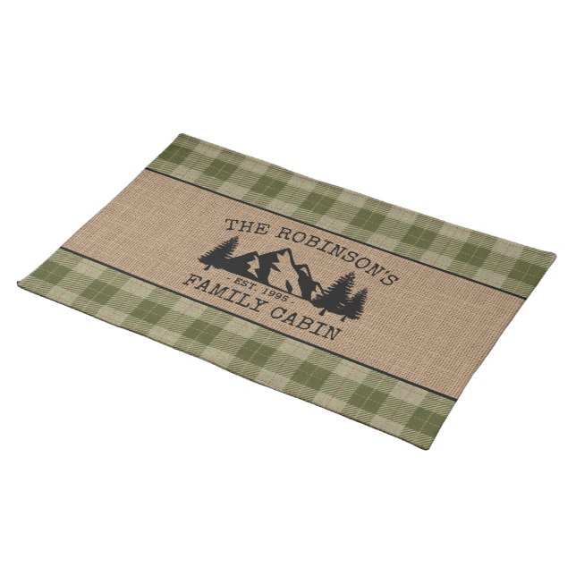 Family Name Cabin Trees Sage Green Plaid Burlap Cloth Placemat (On Table)