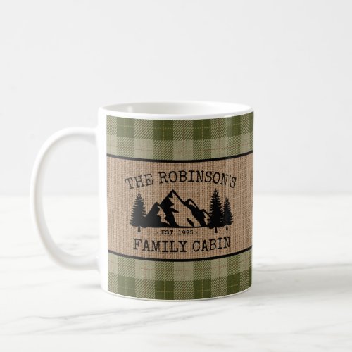 Family Name Cabin Trees Sage Green Plaid Burlap Coffee Mug