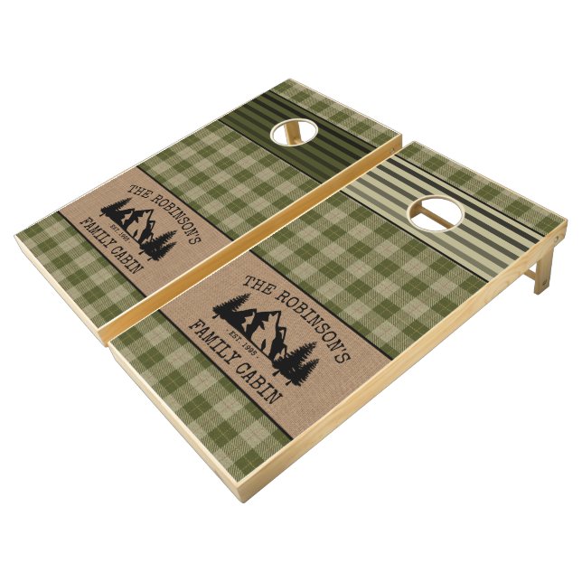 Family Name Cabin Trees Sage Green Plaid Burlap Cornhole Set (Angled)