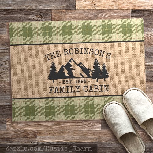 Family Name Cabin Trees Sage Green Plaid Burlap Doormat