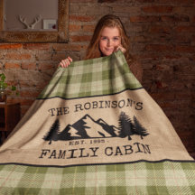 Family Name Cabin Trees Sage Green Plaid Burlap