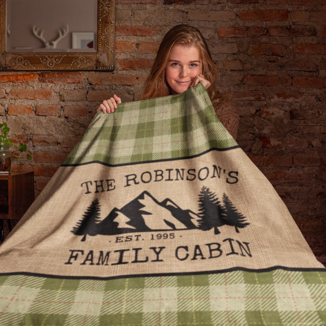 Family Name Cabin Trees Sage Green Plaid Burlap Fleece Blanket