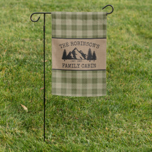 Family Name Cabin Trees Sage Green Plaid Burlap Garden Flag