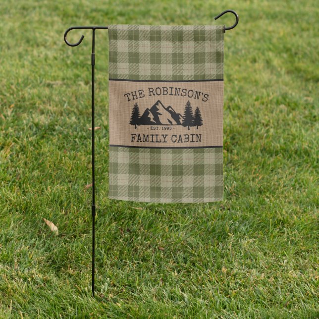 Family Name Cabin Trees Sage Green Plaid Burlap Garden Flag (In SItu)
