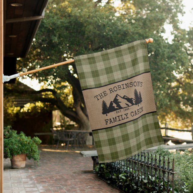Family Name Cabin Trees Sage Green Plaid Burlap House Flag (In SItu)