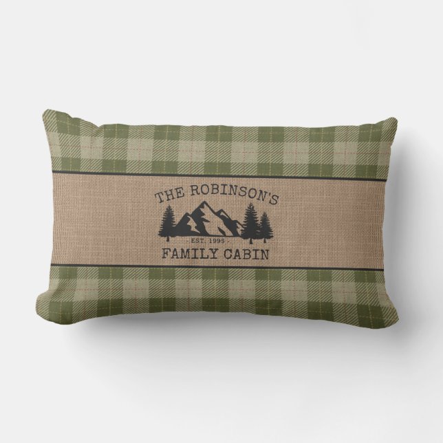 Family Name Cabin Trees Sage Green Plaid Burlap Lumbar Pillow (Front)