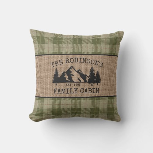 Family Name Cabin Trees Sage Green Plaid Burlap Outdoor Pillow