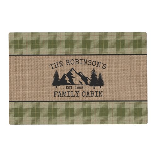 Family Name Cabin Trees Sage Green Plaid Burlap Placemat