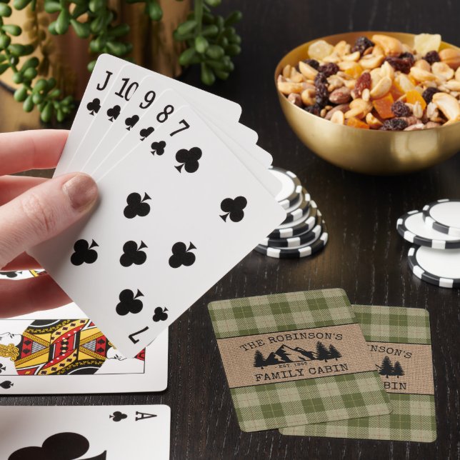Family Name Cabin Trees Sage Green Plaid Burlap Poker Cards (In Situ)