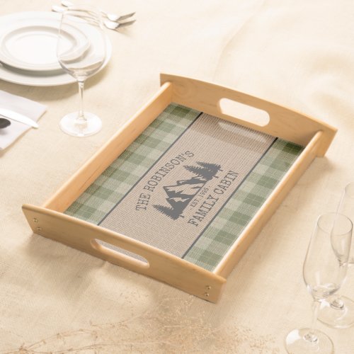 Family Name Cabin Trees Sage Green Plaid Burlap Serving Tray