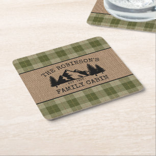 Family Name Cabin Trees Sage Green Plaid Burlap Square Paper Coaster