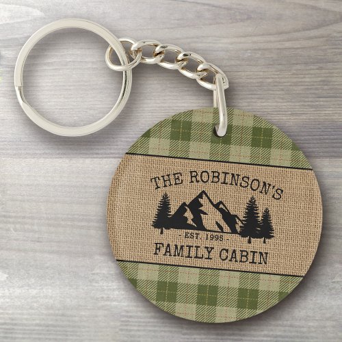 Family Name Cabin Trees Sage Plaid Burlap 2 sided Keychain