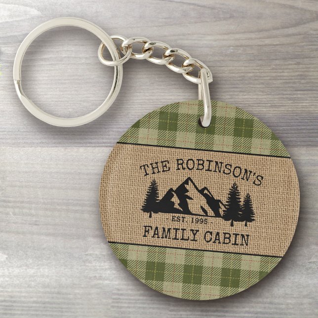 Family Name Cabin Trees Sage Plaid Burlap 2 sided Keychain (Creator Uploaded)