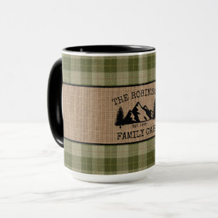 Family Name Cabin Trees Sage Plaid Burlap Big Mug