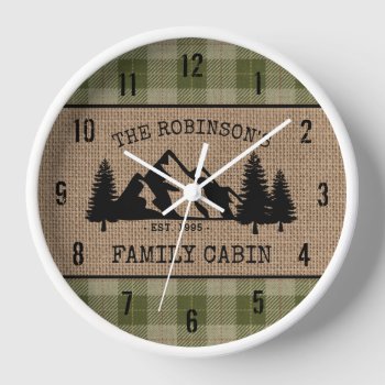 Family Name Cabin Trees Sage Plaid Burlap Clock by rustic_charm at Zazzle