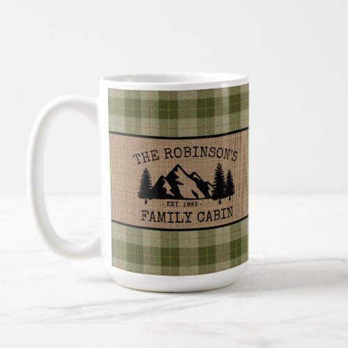 Family Name Cabin Trees Sage Plaid Burlap Large Coffee Mug