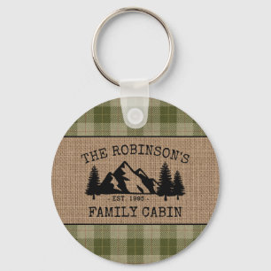 Family Name Cabin Trees Sage Plaid Burlap Round Keychain