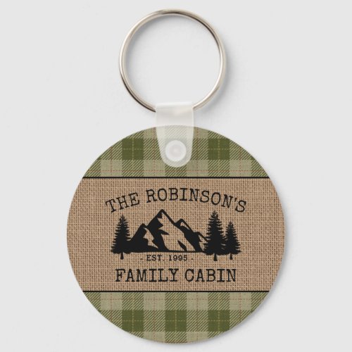 Family Name Cabin Trees Sage Plaid Burlap Round Keychain