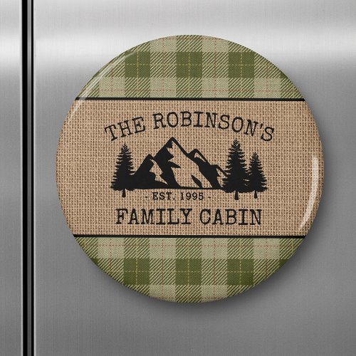 Family Name Cabin Trees Sage Plaid Burlap Round Magnet