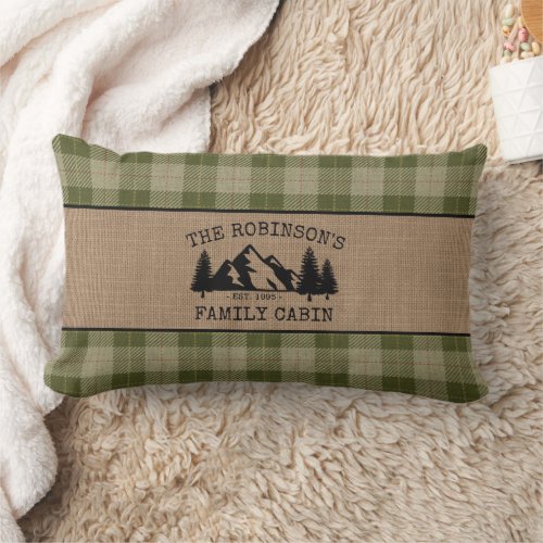 Family Name Cabin Trees Sage Plaid Burlap Style Lumbar Pillow