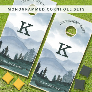 Family Name Cabin Watercolor Landscape Monogrammed Cornhole Set