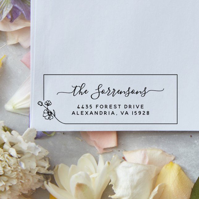 Family Name Calligraphy Floral Return Address Self-inking Stamp (Rubber Stamp Mock-up)