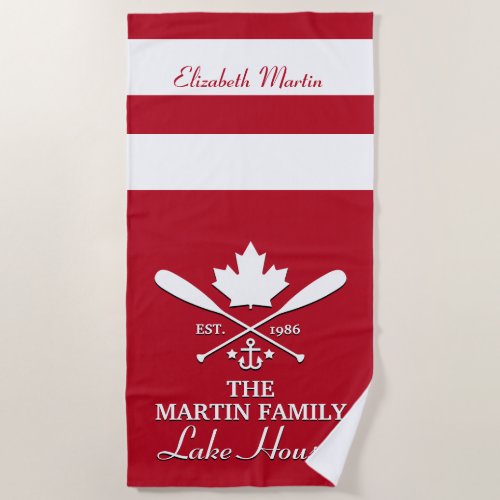 Family Name | Canadian Maple Leaf Custom Beach Towel - Fun, uniquely Canadian theme design