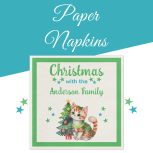Family name cat tree green blue Christmas Napkins