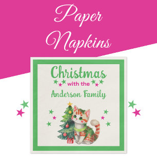 Family name cat tree green pink Christmas Napkins