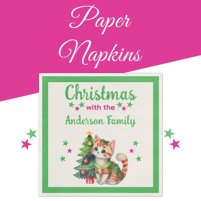 Family name cat tree green pink Christmas Napkins (Creator Uploaded)