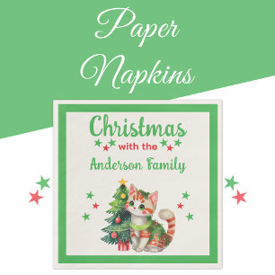 Family name cat tree green red Christmas Napkins
