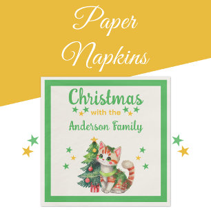 Family name cat tree green yellow Christmas Napkins