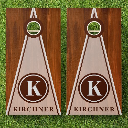 Family Name Chestnut Wood Triangle Stripe Monogram Cornhole Set