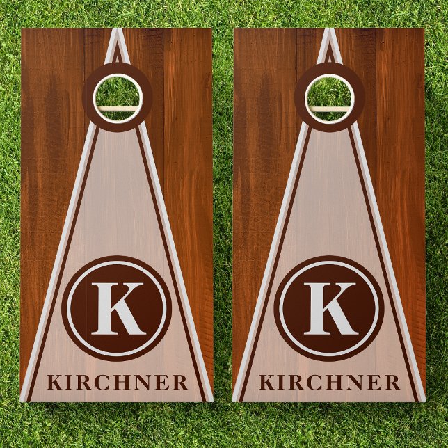 Family Name Chestnut Wood Triangle Stripe Monogram Cornhole Set (Creator Uploaded)