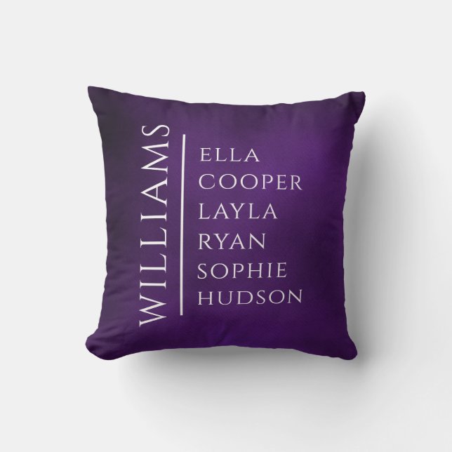 FAMILY NAME CHILDREN NAMES Kids Purple Throw Pillow (Front)