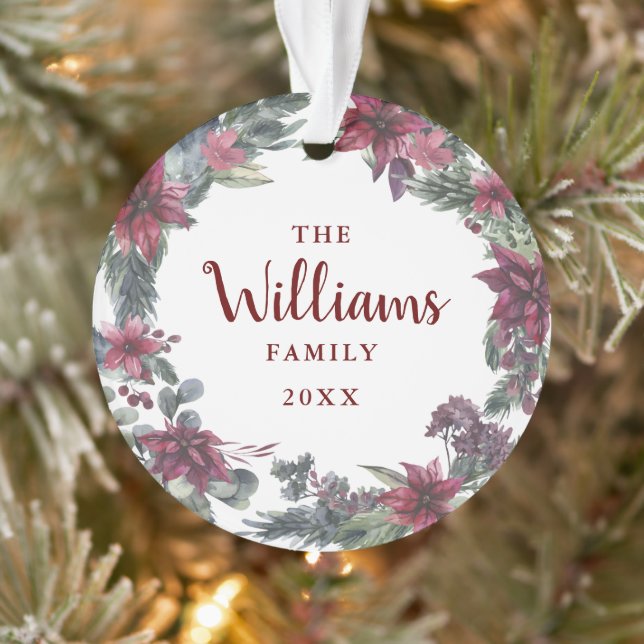 Family Name Christmas Floral Holiday Photo Ornament (Tree)