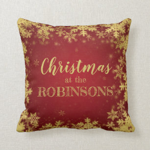 Family Name Christmas Gold Red Winter Snowflakes Throw Pillow