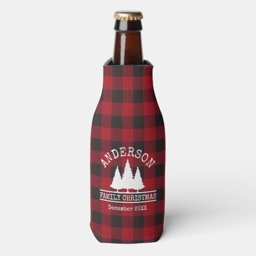 Family Name Christmas Pines Red Plaid Bottle Cooler