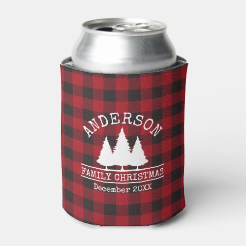 Family Name Christmas Pines Red Plaid Can Cooler
